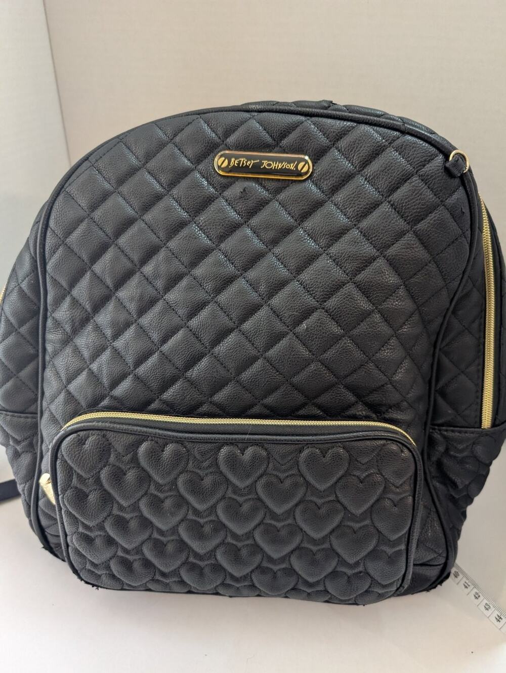 Betsey Johnson Black Quilted Heart Backpack Gold Hardware Faux Leather Women's